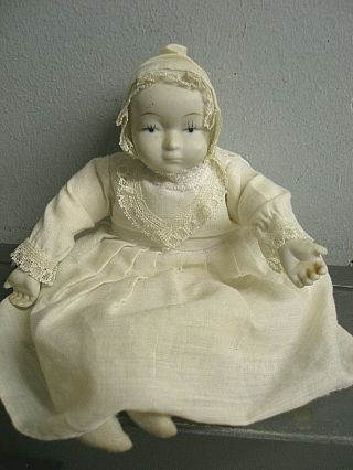 Vintage Porcelain Bisque Doll With Cloth Body & Dress Bonnet,  Night Gown & Socks