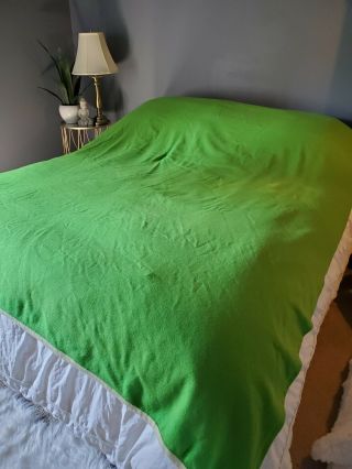 Vintage Wool Blanket Green With Yellow Trim 73 " X 84 "