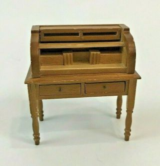 Vintage Dollhouse Furniture Miniature Roll Top Desk Wood Office Drawers Study