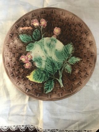 Antique Majolica Brown Basket Weave Pink White Flowers 8 1/4
