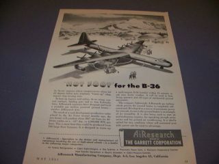 Vintage.  1951 Convair B - 36 Peacemaker " Airesearch ".  Sales Ad.  Rare (150j)