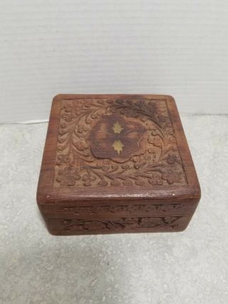 Vintage Sheesham Wood Hand Carved Hinged Jewelry /trinket Box W/ Brass Inlay