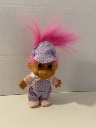 Vintage Russ Troll Doll Purple Polka Dot Overalls W/pink Hair 5 Inch