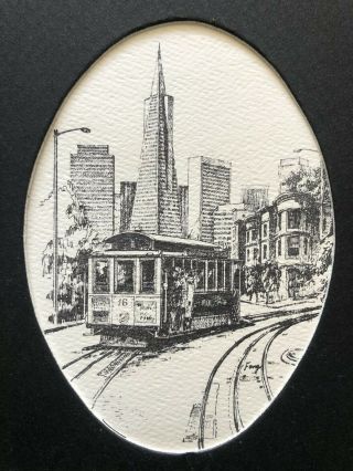 Vintage Art Etching Print San Francisco Golden Gate Trolley City Signed by FONG 2