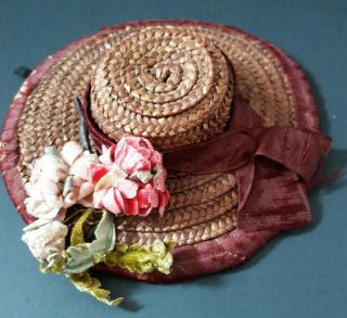 Antique Vintage Straw Hat Doll This Is A Real Old One With Flowers Ribbon