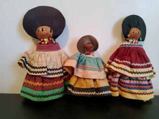 3 Vintage/antique Native American Seminole Indian Palmetto Dolls Big Hair/hat