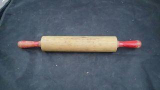 Antique Vintage Wooden Wood 15 1/4 " Rolling Pin With Red Paint Handles