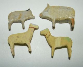 4 Antique Vtg German Erzgebirge Wood Putz Farm Animal Toy Sheep Pig Mini Xmas