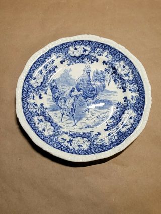 Antique W T Copeland & Sons Blue & White Rooster Hens Plate Stoke On Trent