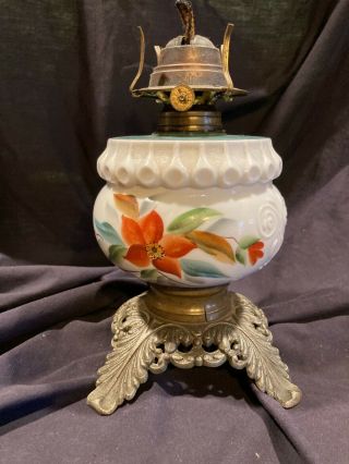 Antique Oil Lamp Base White Milk Glass Hand Painted Floral 8 "