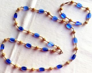 Very Old Art Nouveau Blue Glass Beads Necklace,  Signed