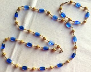 VERY OLD ART NOUVEAU BLUE glass beads NECKLACE,  signed 2