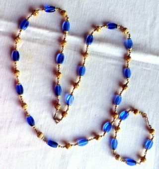 VERY OLD ART NOUVEAU BLUE glass beads NECKLACE,  signed 3