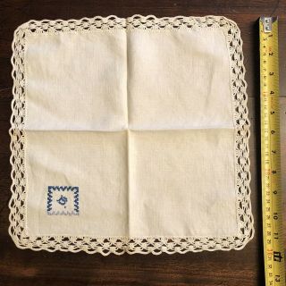 Vintage Embroidered Linen Hanky Napkin White “b” Lace Antique Vintage Kitchen