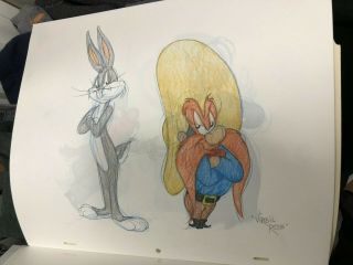 Virgil Ross Hand Signed Drawing Bugs Bunny & Yosemite Sam Rare Version Great