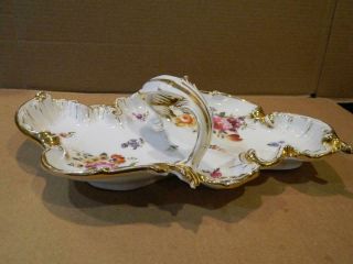 Large Ct Germany Center Handled Serving Dish Flowers & Gold Trim Marked Antique