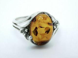Vintage Baltic Amber Cabochon 925 Sterling Silver Ring Size 8.  5 Gnat Inclusion
