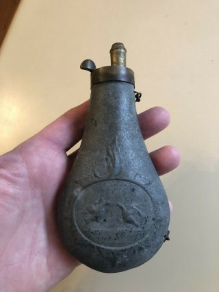 Antique Pre - Civil War Small Zinc Powder Flask With Embossed Scene