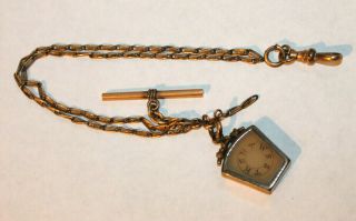 Antique Gold Filled Pocket Watch Chain Etched Glass W/ Letters