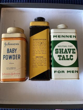 Antique Vintage Tin 3 Allen ' s Foot Ease Mennen Neutral Shave Johnson Baby Powder 3