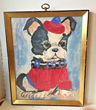 Vintage Boston Terrier Dog Painting Framed Folk Art Signed Dated 1969