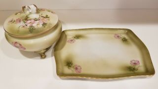 Antique Nippon Hand - Painted Porcelain Vanity Tray & Trinket Powder Container Set