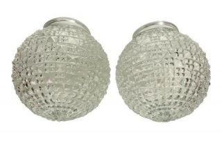 2 Vintage Crystal Clear Diamond Cut Glass Ball Hanging Light Fixture Shade Globe