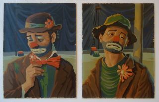 2 Vintage Paint By Number Clowns Emmett Kelly Unframed 12 X 16