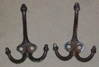 2 Antique Cast Iron Coat Hooks,  Acorn Finials,  Tri Hook