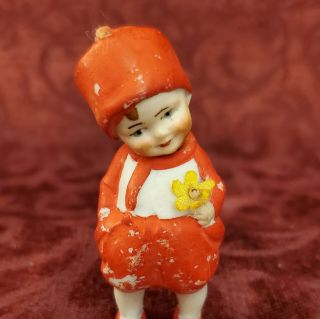 Vintage/antqiue German All Bisque Nodder Miniature 2 3/4 Inch Boy Doll In Red
