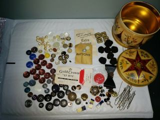 Antique Vintage Tin Full Of Buttons,  Mother Of Pearl,  Etc