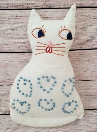 Adorable Vintage Hand Made Stuffed Kitty Cat Pillow,  French Knot Hearts