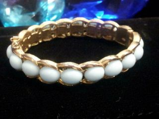 VTG RARE 1960 ' S SIGNED CROWN TRIFARI BANGLE W FAUX LIGHT TURQUOISE GLASS CABS 2