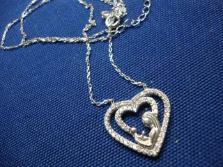 Rare Mother Child Diamond Heart Estate 925 Sterling Silver Necklace
