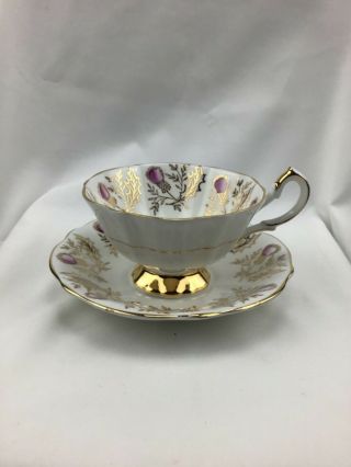 Vintage Queen Anne Bone China England Cup & Saucer - Purple Thistle/gold/gold Trim