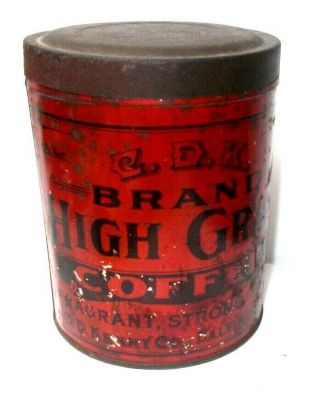Antique 1890`s C.  D.  Kenny Co.  Brand Coffee 1 Lb.  Tin Can,  Baltimore
