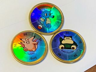 3 Vintage Pokemon Battling Coins 1997 Rare 143 Snorlax 116 Horsea 36 Clefable