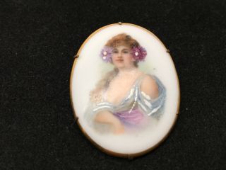 Antique Victorian Hand Painted Porcelain Cameo Brooch - Brass Frame