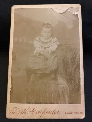 1880s Antique Cabinet Card Photo Little Girl On Hay Stacks Bowie Texas Tx