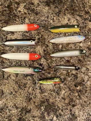 9 Vintage Heddon Zara Spook Surface Fishing Lures Wounded Spook Lucky 13 Torpedo