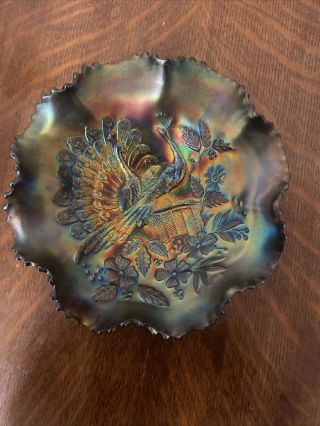 Antique Northwood Carnival Double Peacock At The Fence Bowl - Rare