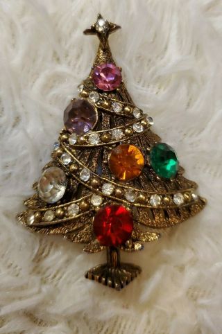 Rare Vintage Signed Hollycraft Multi - Color Rhinestone Christmas Tree Pin Brooch