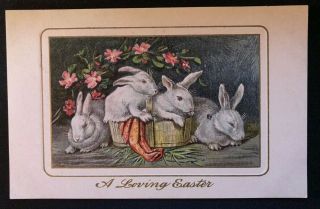 Cute Bunny Rabbits In Basket With Flowers Antique Easter Postcard C752