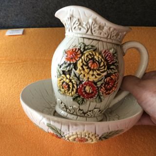 Vintage Ceramic Water Pitcher And Matching Bowl With Pumkins/flower/leaf Accent