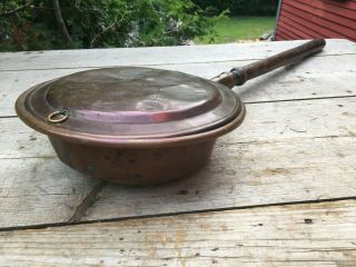 Rare Antique Copper & Brass Bed Warmer Long Wooden Handle