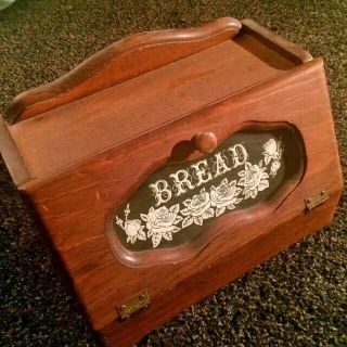 Vintage Antique Wooden Bread Box With Hinged Glass Stenciled Door 16x10x10 Rare