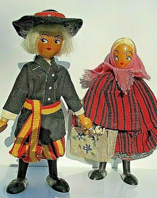 2 Total 7 " Vintage Wooden Peg Dolls From Poland Polish Wood Dolls
