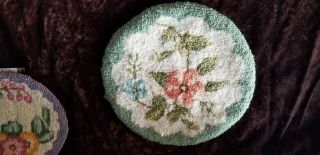 Antique Doll House Rug Wool 8.  5 " Round Floral Aqua Peach Cream And Green Accents