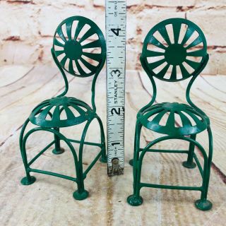 2 Vtg Green Miniature Dollhouse Outdoor Patio Chairs 4 " H Metal Ice Parlor