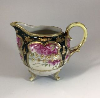 Stunning Vintage Antique Nippon Hand Painted Creamer Gold Handle Roses Moriage